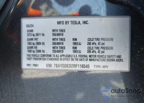 2024 Tesla Model Y Rwd z USA, uszkodzony, nr VIN 7SAYGDED2RF116545